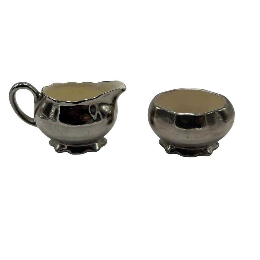 Vintage Grays Pottery Pewter Silver Tone Hand Painted Creamer Sugar Set Hanley